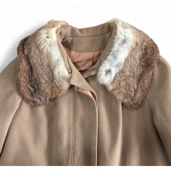 Vintage 70s Sears Women’s Tan Wool Peacoat Real Fur Collar Button Closure S/M - Picture 6 of 10